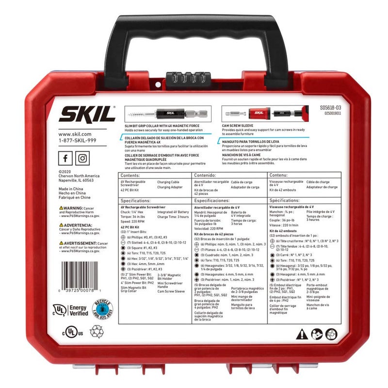 SKIL Rechargeable 4V Cordless Pistol Grip Screwdriver with 42pcs Bit Set, USB Charger and Carrying Case - SD5618-03 - Image 5