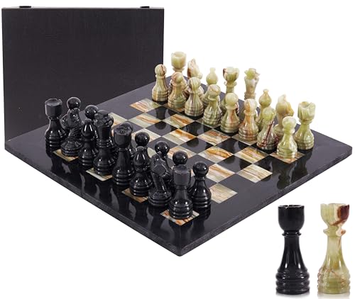 MARBLE RANGE Marble Chess Set for Adults 15 Handmade Black Green Onyx Board Game with 32 Chess Pieces 2 Extra Queens Storage Box Luxury Travel Game Elegant Home Dcor - Image 1