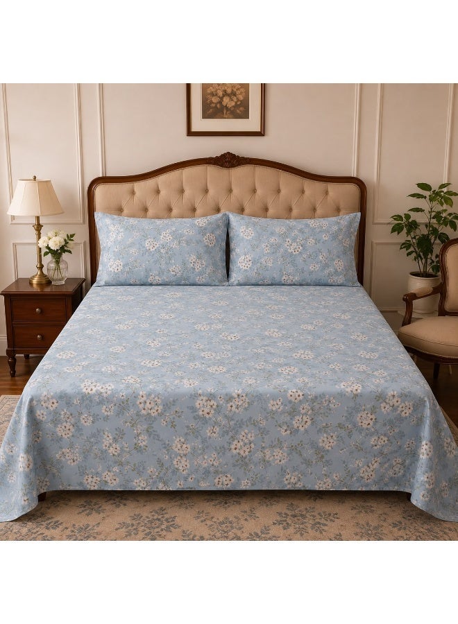 3-Piece 150 GSM Microfiber King Size Bed Sheet Set - Elegant White Floral Print on Sky Blue, Includes 1 Flat Sheet (270x250 CM) & 2 Pillowcases (50x75 CM) - Image 1