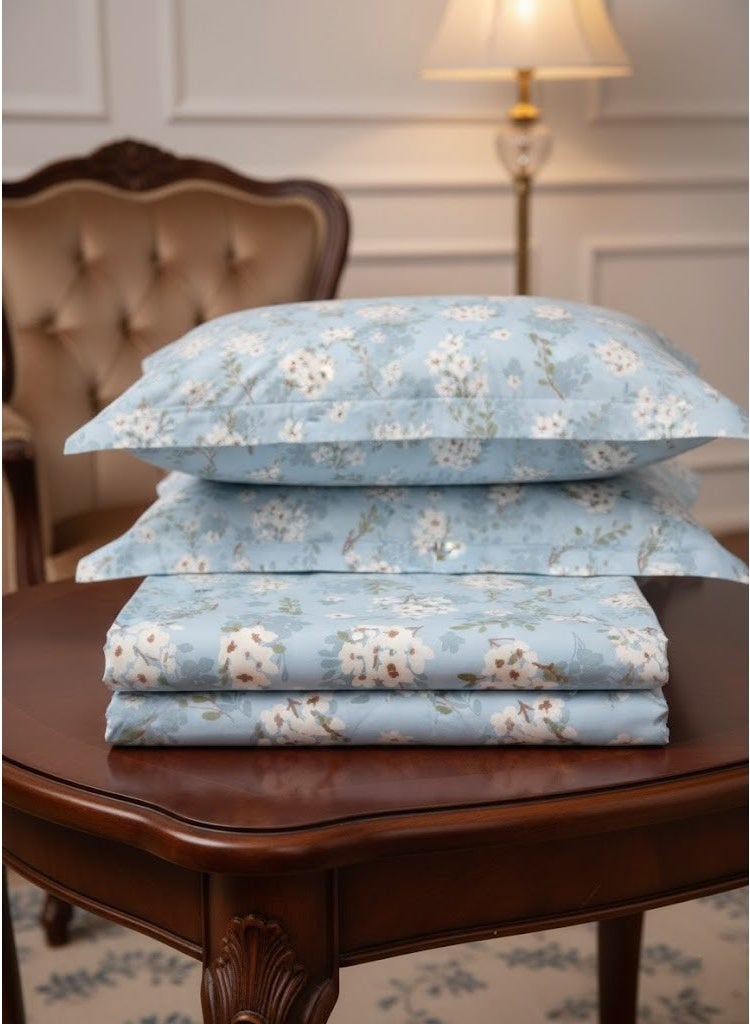 3-Piece 150 GSM Microfiber King Size Bed Sheet Set - Elegant White Floral Print on Sky Blue, Includes 1 Flat Sheet (270x250 CM) & 2 Pillowcases (50x75 CM) - Image 2