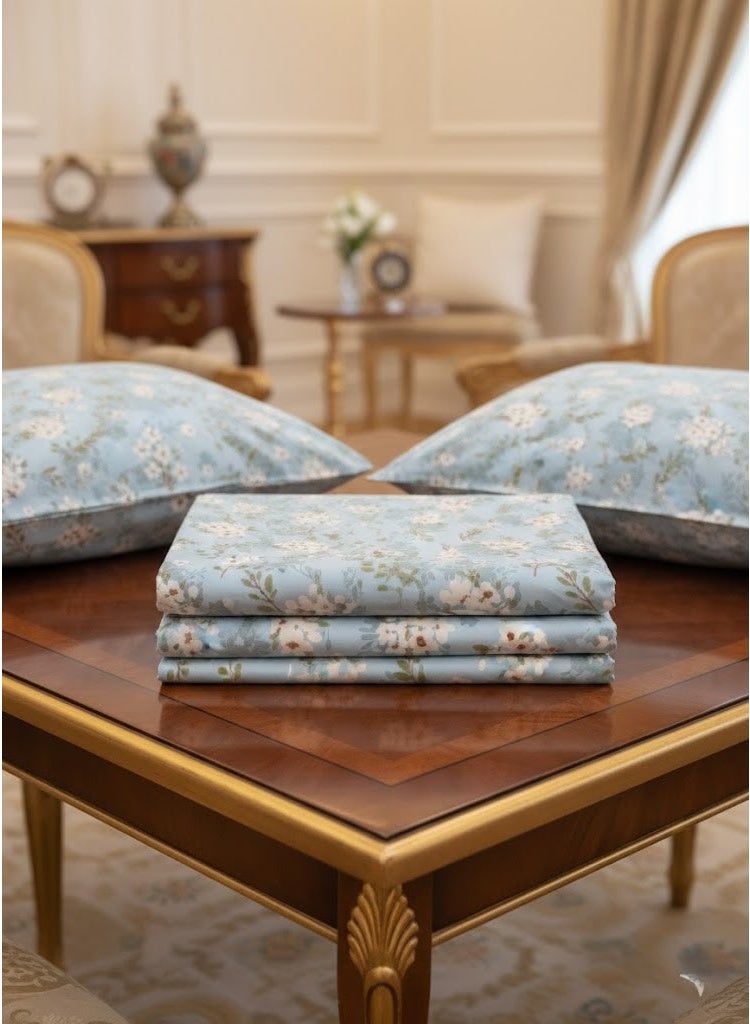 3-Piece 150 GSM Microfiber King Size Bed Sheet Set - Elegant White Floral Print on Sky Blue, Includes 1 Flat Sheet (270x250 CM) & 2 Pillowcases (50x75 CM) - Image 3