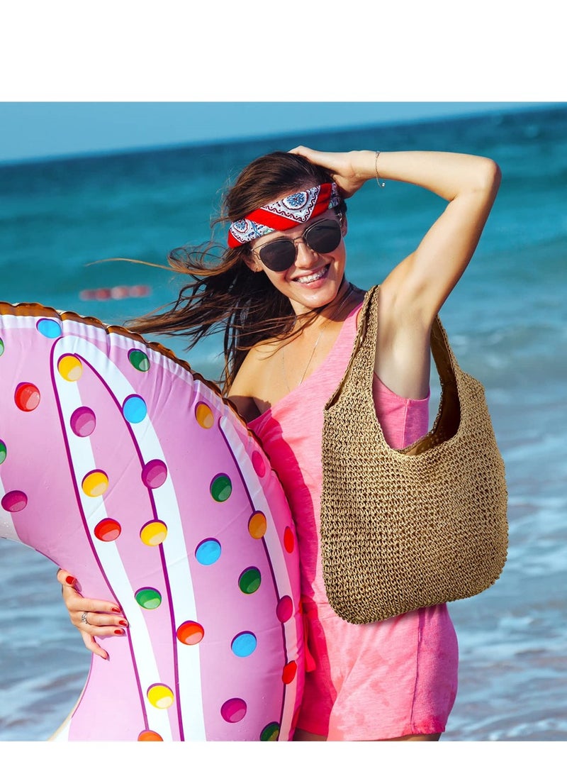 Chic Boho Large Straw Tote Bag Stylish Rattan Handbag Perfect for Beach Day Essentials Khaki Color - Image 2