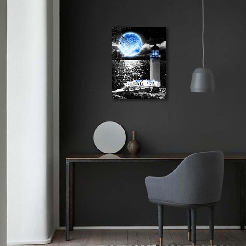 1 KINGO Coast Lighthouse Canvas Wall Art: Blue Moon Wall Decor - Black White Decoration for Home Office  Serene Sea Poster Vintage Decorative Framed Print Ready to Hang in Living Room Bedroom 12""x15"" - Image 3