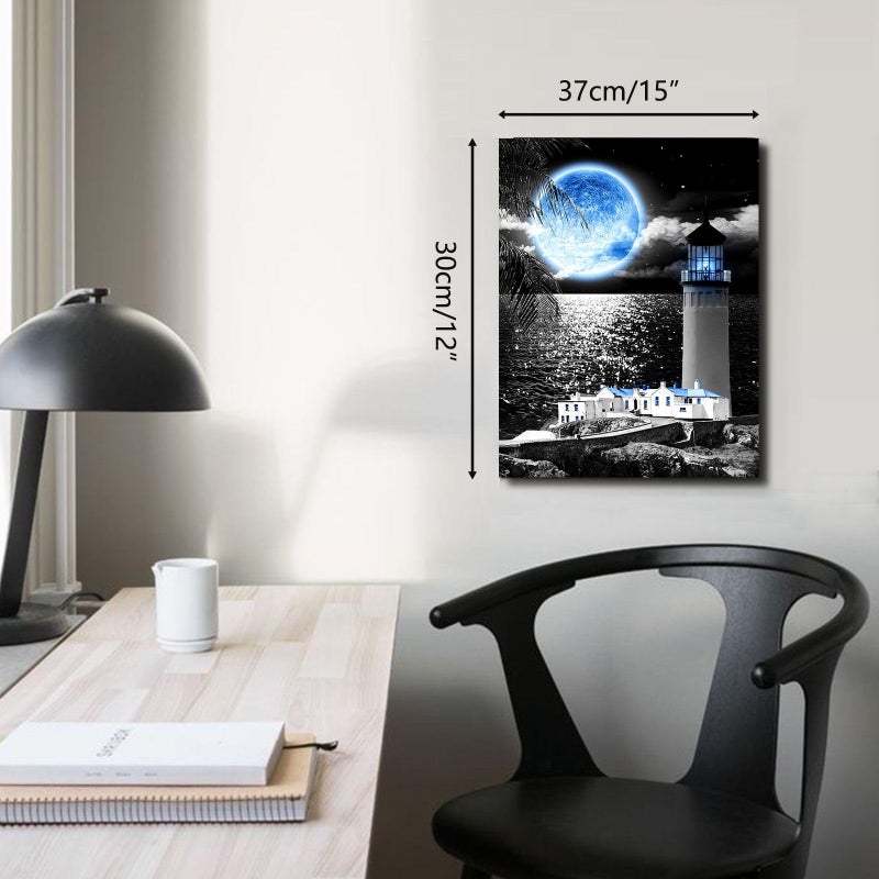 1 KINGO Coast Lighthouse Canvas Wall Art: Blue Moon Wall Decor - Black White Decoration for Home Office  Serene Sea Poster Vintage Decorative Framed Print Ready to Hang in Living Room Bedroom 12""x15"" - Image 4