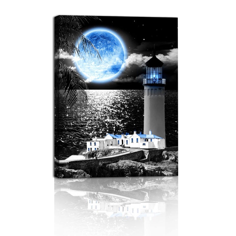 1 KINGO Coast Lighthouse Canvas Wall Art: Blue Moon Wall Decor - Black White Decoration for Home Office  Serene Sea Poster Vintage Decorative Framed Print Ready to Hang in Living Room Bedroom 12""x15"" - Image 2