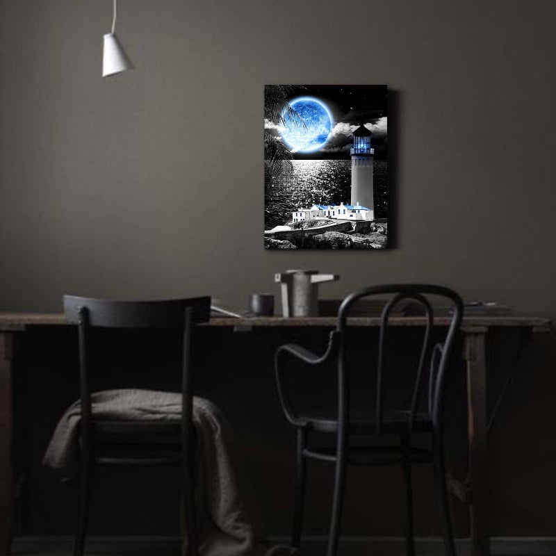 1 KINGO Coast Lighthouse Canvas Wall Art: Blue Moon Wall Decor - Black White Decoration for Home Office  Serene Sea Poster Vintage Decorative Framed Print Ready to Hang in Living Room Bedroom 12""x15"" - Image 5