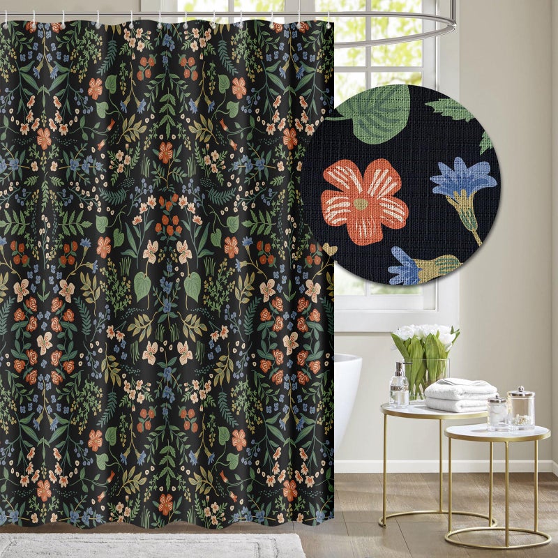 Tititex Boho Rustic Floral Black Faux Linen Shower Curtain Vintage Watercolor Leaves with Flowers Bathroom Decoration Shower Curtain Sets 71x71 Inch with Hooks