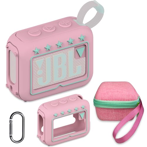 JCHPINE Silicone Cover and Hard Travel Case for JBL Go 4 Ultra Portable Bluetooth Speaker, Accessories for JBL Go 4 Pro Sound Bluetooth Speaker Stand Up Holder (Pink Case) - Image 1