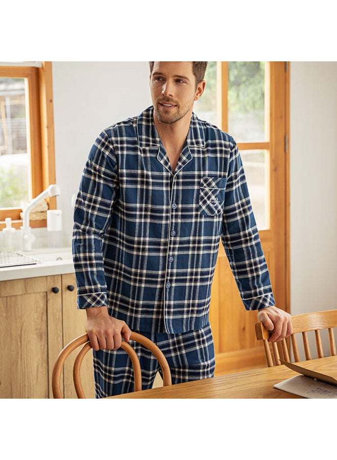 MEIBIAO American Standard Pure Cotton Pajamas Men Autumn Woven Cotton Brushed Couple 100% Cotton Long Sleeve Women's Homewear Blue XL - Image 1