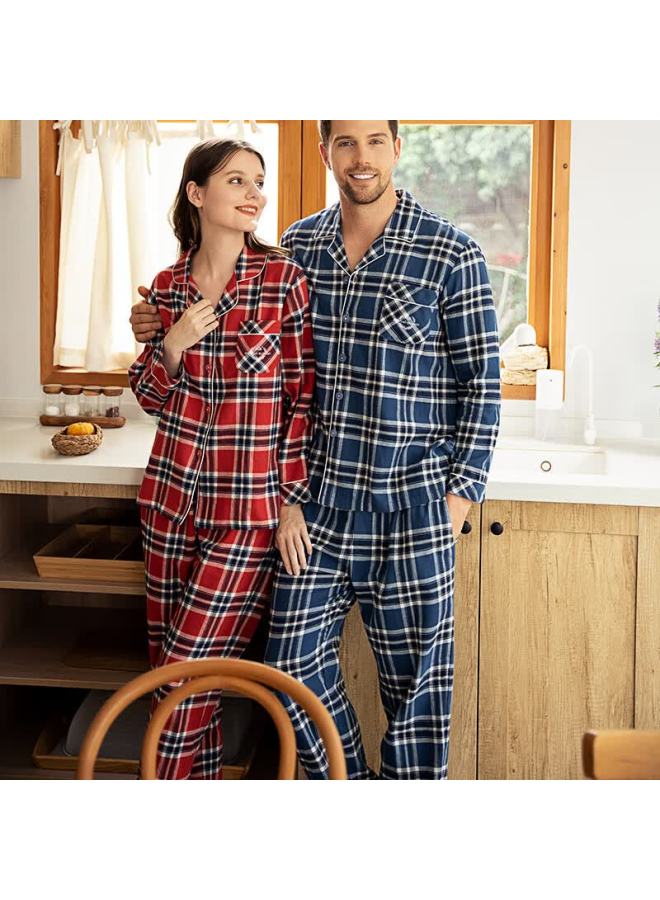 MEIBIAO American Standard Pure Cotton Pajamas Men Autumn Woven Cotton Brushed Couple 100% Cotton Long Sleeve Women's Homewear Blue XL - Image 2