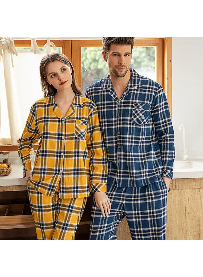 MEIBIAO American Standard Pure Cotton Pajamas Men Autumn Woven Cotton Brushed Couple 100% Cotton Long Sleeve Women's Homewear Blue XL - Image 4