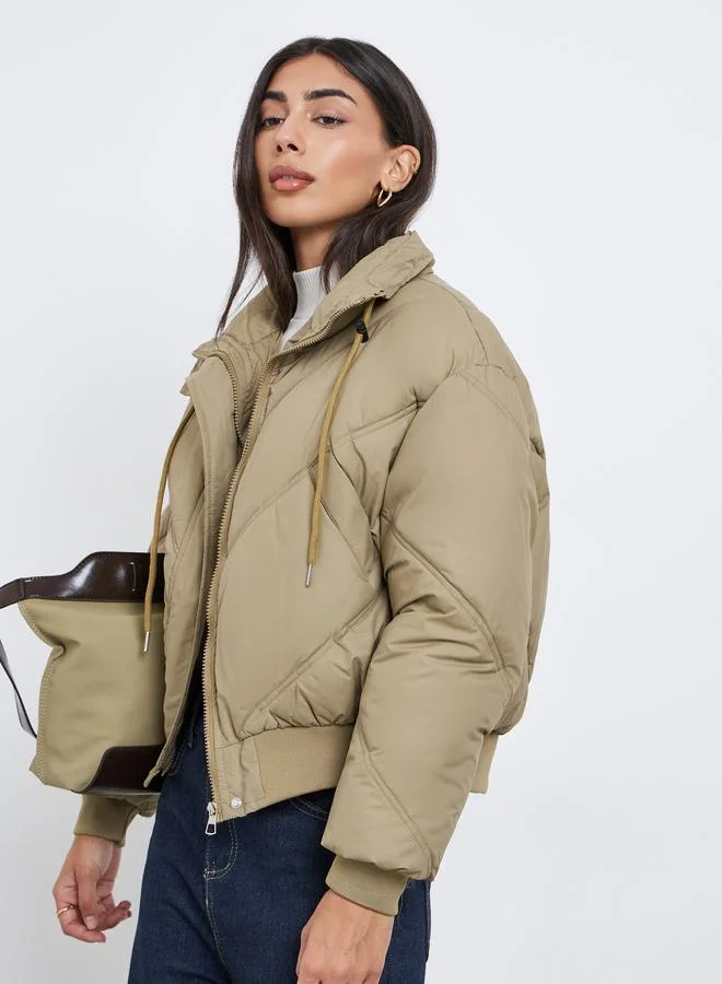 Styli Khaki Plain Regular Fit Short Length Padded Jacket