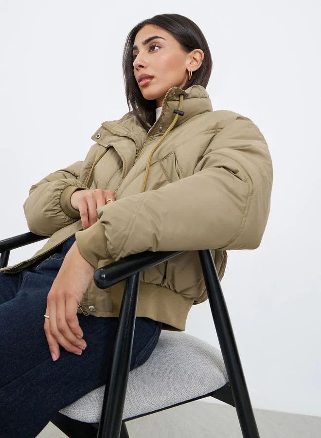 Styli Khaki Plain Regular Fit Short Length Padded Jacket