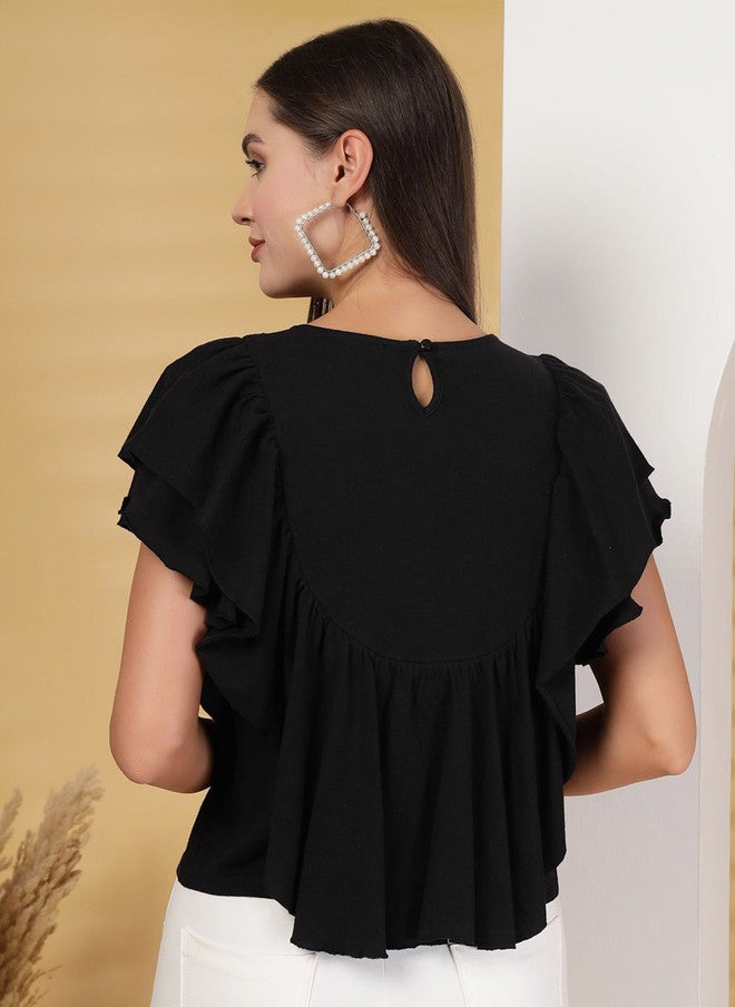 Rue Collection بلوزة قطنية سوداء بأكمام متطايرة وكرانيش للنساء - Image 5