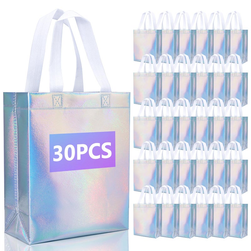 NEOACT 30 Pcs Iridescent Gift Bags Medium Size,Glossy Holographic Reusable Gift Bags with Handles,Ideal Goodie Bag for Birthday,Wedding,Christmas,Party Favor - 7.8x3.9x10 Inch - Image 1