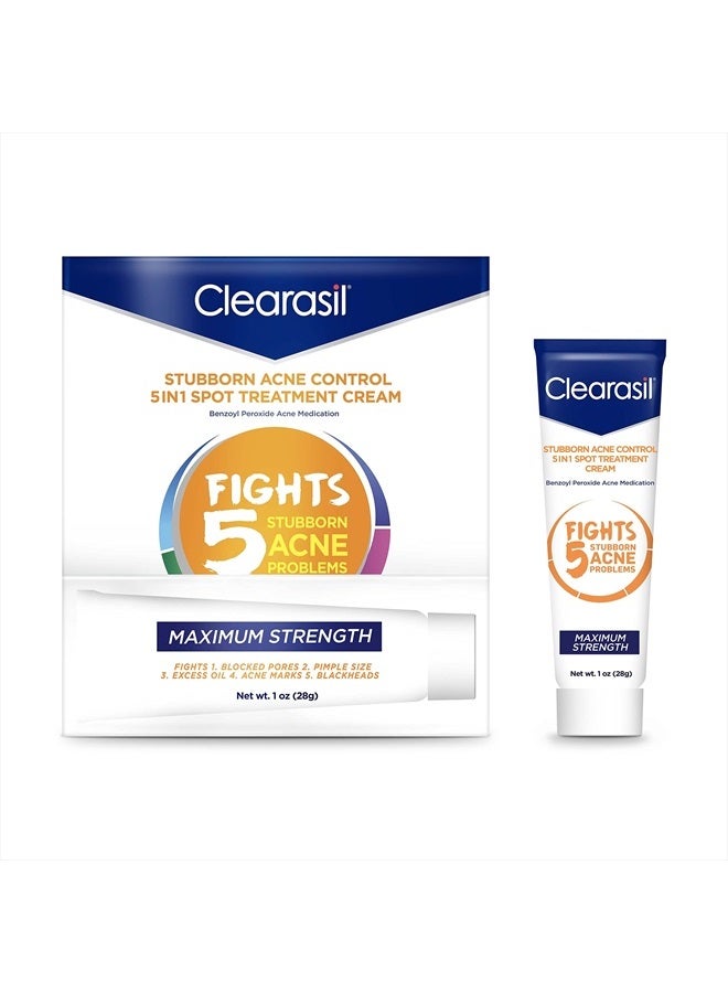 Clearasil Stubborn Acne Control 5in1 Spot Treatment Cream, Maximum Strenght with 10% Benzoyl Peroxide, Acne Medication, 1 oz - Image 1