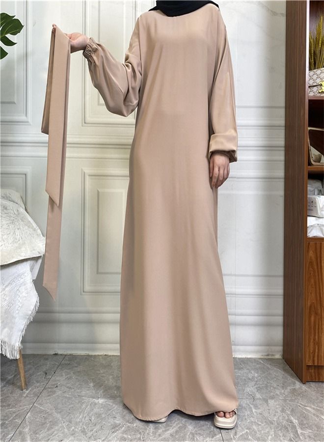 Loquat Casual Elegant Lace-Up Dress Abaya Light Beige  - Image 1