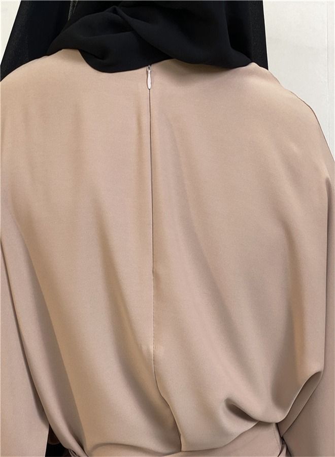 Loquat Casual Elegant Lace-Up Dress Abaya Light Beige  - Image 3