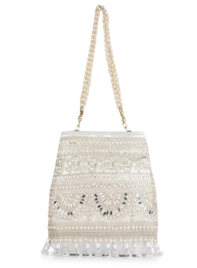 Nevis Stylish Embroidery Unique Desing Traditional Wedding Party Handheld Portli Bag For Women (SILVER) - Image 1