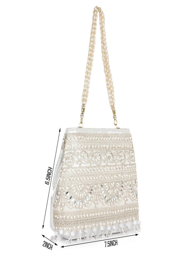 Nevis Stylish Embroidery Unique Desing Traditional Wedding Party Handheld Portli Bag For Women (SILVER) - Image 4