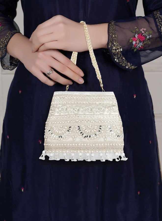 Nevis Stylish Embroidery Unique Desing Traditional Wedding Party Handheld Portli Bag For Women (SILVER) - Image 2