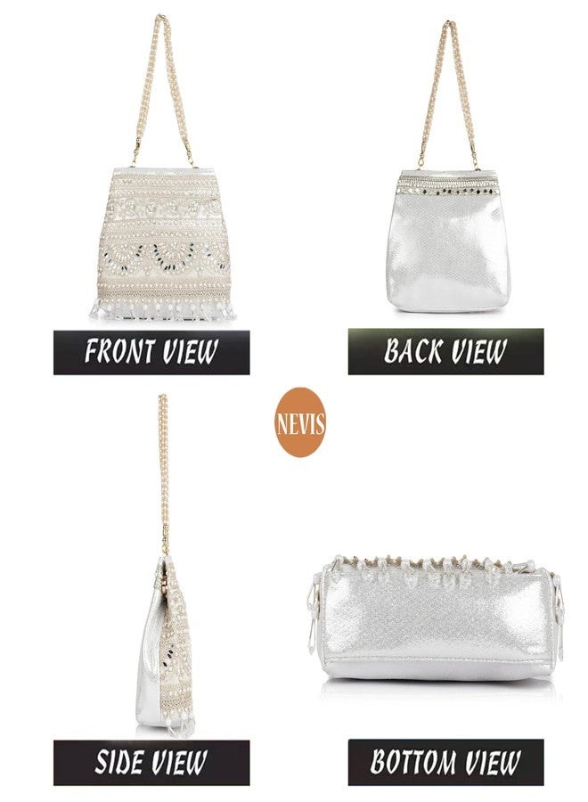 Nevis Stylish Embroidery Unique Desing Traditional Wedding Party Handheld Portli Bag For Women (SILVER) - Image 3