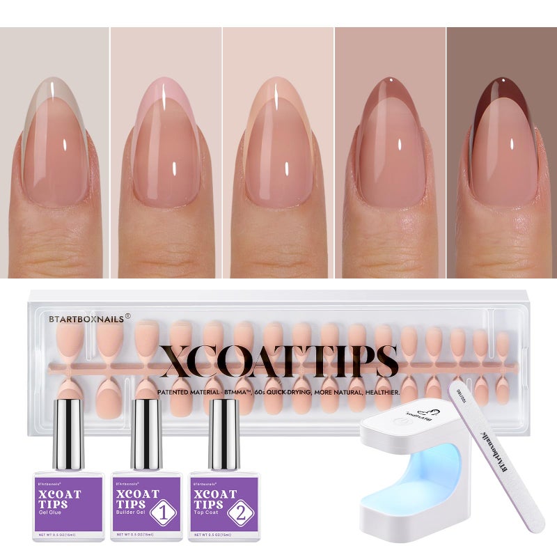 BTArtboxnails XCOATTIPS French Gel Nails  Skin Tones Short Press On Nails Almond Soft Gel Nail Tips with Nail Gel French Protecting Duo Nail Lamp All in One Fake Nails