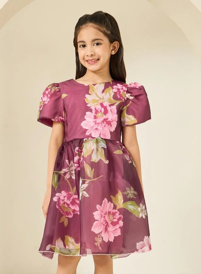 Styli Girls Pink Floral Organza Dress