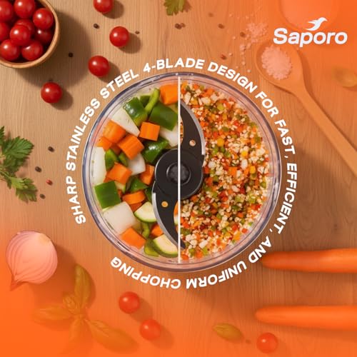 Saporo QuickPro Electric Vegetable Chopper for Kitchen - Dual Speed Setting - 4 Leaf Stainless Steel Blades - Chop, Mince, Dice, Cut, Puree - 500ml Chopping Bowl - Powerful Copper Motor - Image 3