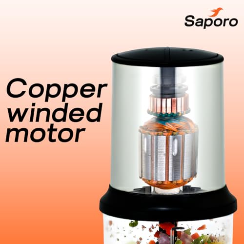 Saporo QuickPro Electric Vegetable Chopper for Kitchen - Dual Speed Setting - 4 Leaf Stainless Steel Blades - Chop, Mince, Dice, Cut, Puree - 500ml Chopping Bowl - Powerful Copper Motor - Image 4