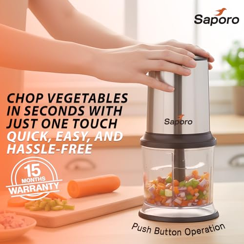Saporo QuickPro Electric Vegetable Chopper for Kitchen - Dual Speed Setting - 4 Leaf Stainless Steel Blades - Chop, Mince, Dice, Cut, Puree - 500ml Chopping Bowl - Powerful Copper Motor - Image 2
