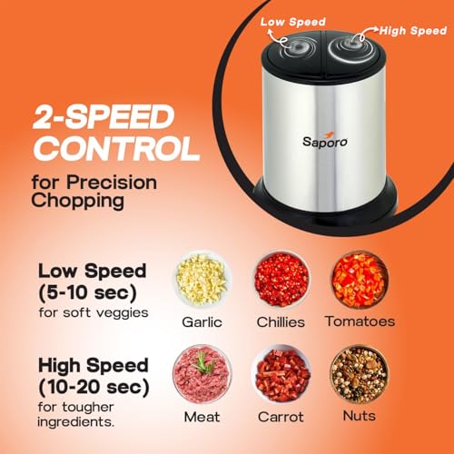 Saporo QuickPro Electric Vegetable Chopper for Kitchen - Dual Speed Setting - 4 Leaf Stainless Steel Blades - Chop, Mince, Dice, Cut, Puree - 500ml Chopping Bowl - Powerful Copper Motor - Image 5