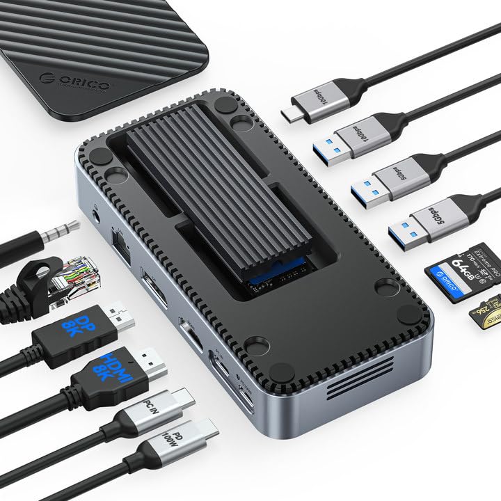 Orico أوريكو 12 في 1 محور USB C مع حاوية M.2 SSD بسرعة 10 جيجابت في الثانية، محطة إرساء USB C بدون أدوات مع مروحة مدمجة، HDMI، DP، إيثرنت جيجابت، 100 واط PD، SD/TF، صوت/ميكروفون، USB A و Type C لجهاز لابتوب Mac-M2P11 - Image 1