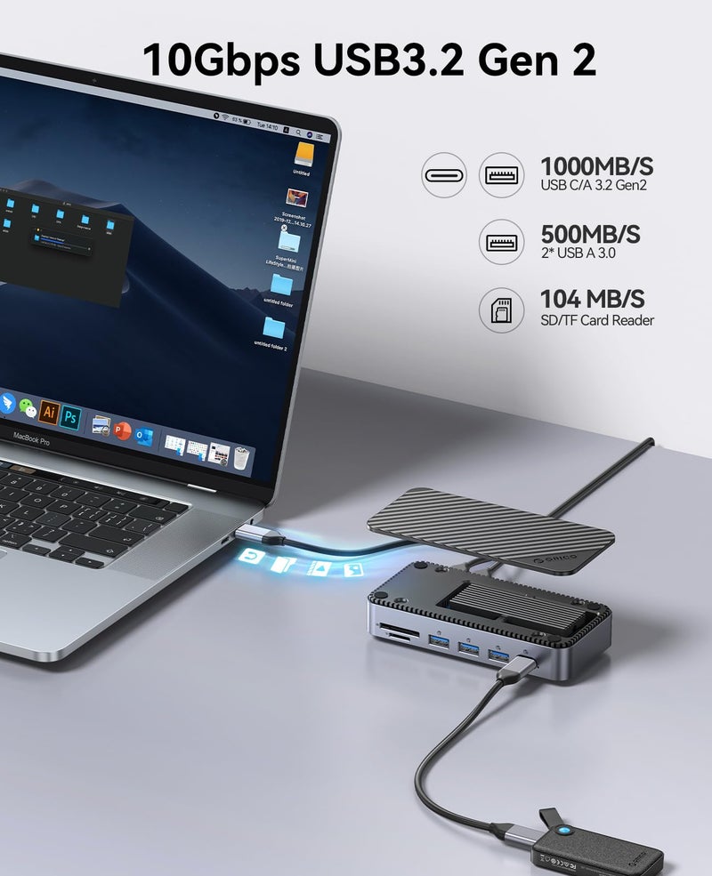 Orico أوريكو 12 في 1 محور USB C مع حاوية M.2 SSD بسرعة 10 جيجابت في الثانية، محطة إرساء USB C بدون أدوات مع مروحة مدمجة، HDMI، DP، إيثرنت جيجابت، 100 واط PD، SD/TF، صوت/ميكروفون، USB A و Type C لجهاز لابتوب Mac-M2P11 - Image 5