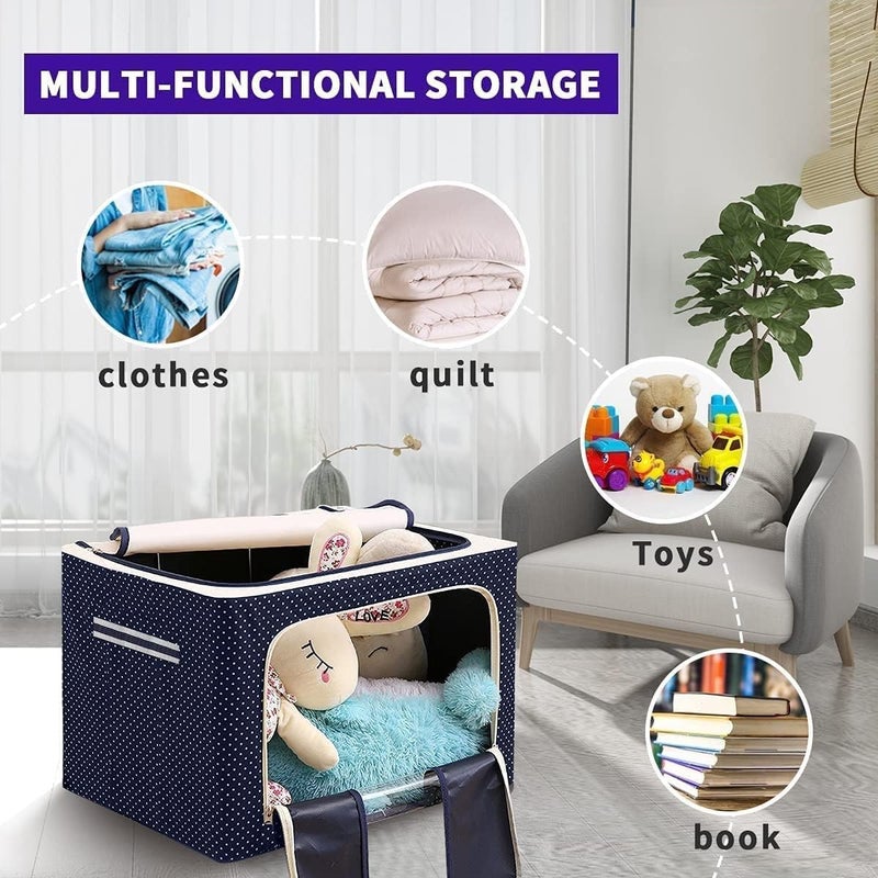 ZIVINI ZIVINI 66 Ltr Foldable Steel Frame Clothes Organizer with Metal Frame Rectangle Storage Baskets For Clothes Organizer for wardrobe for Clothing Fabric Storage Box with Handles - Image 5