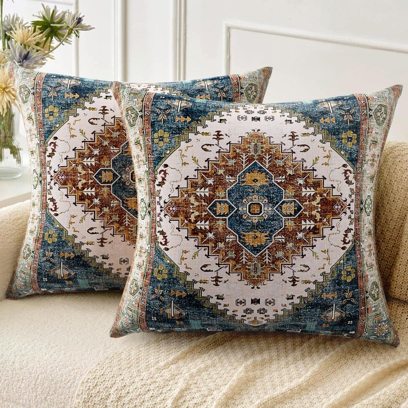 ZSYTZL Boho Throw Pillow Covers 18x18 inch Set of 2,Soft Pillowcases Bohemia Carpet Printing Pattern Decorative Sofa Living Room Bed Square Pillow Case Cushion Cover-Blue Green - Image 1