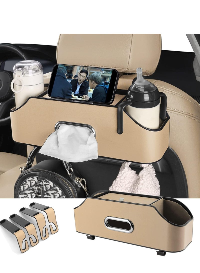 Car Back Seat Organizer with 2 Drink Cup Holder - Tissue Box and Storage Box Hook - Multi-Functional Storage - Great for Kids and Travel (Beige) - Image 1