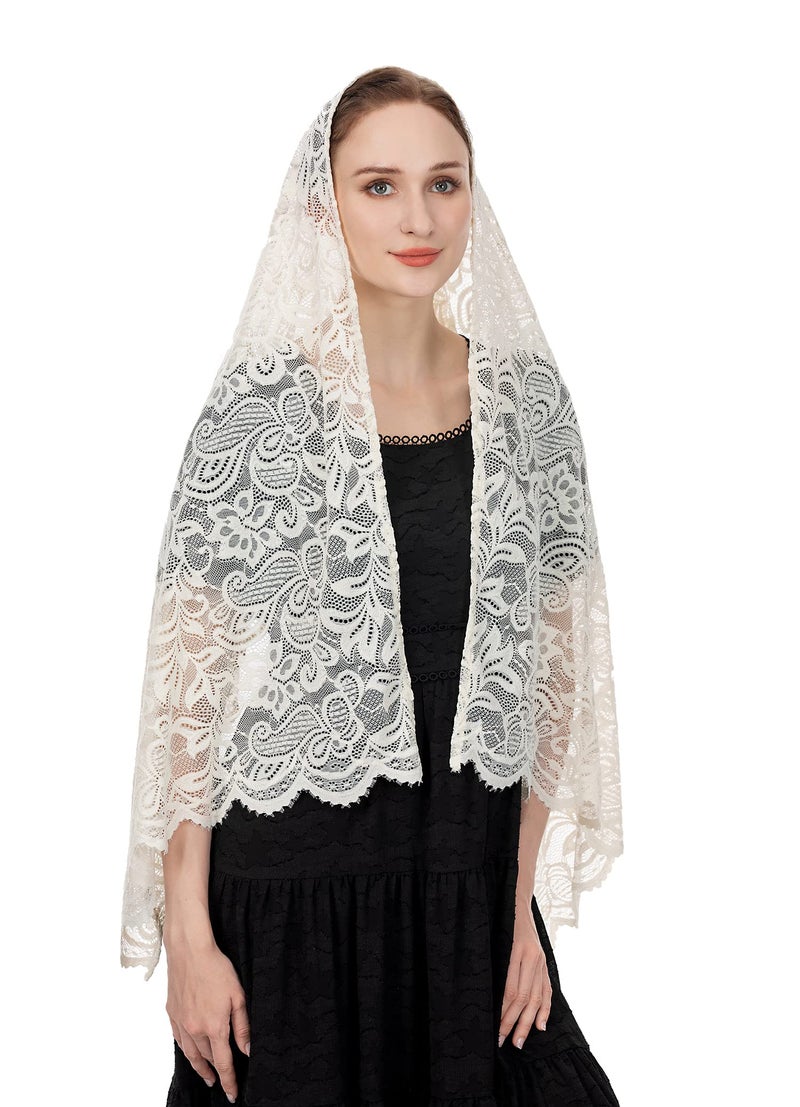 Wgior Rectangular Chapel Veil Scarf Catholic Church Veils Mantilla Wrap Shawl Mass Head Covering (Ivory) - Image 2