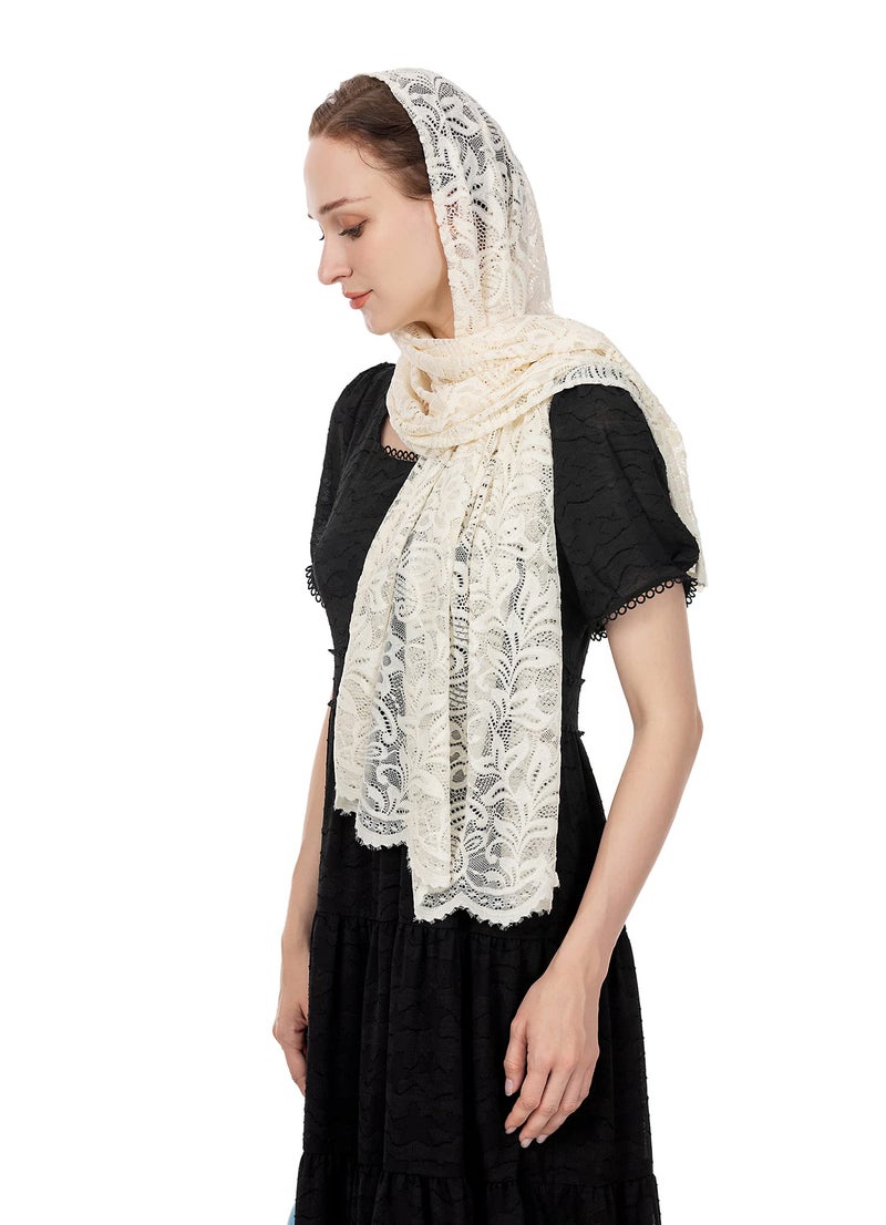 Wgior Rectangular Chapel Veil Scarf Catholic Church Veils Mantilla Wrap Shawl Mass Head Covering (Ivory) - Image 4