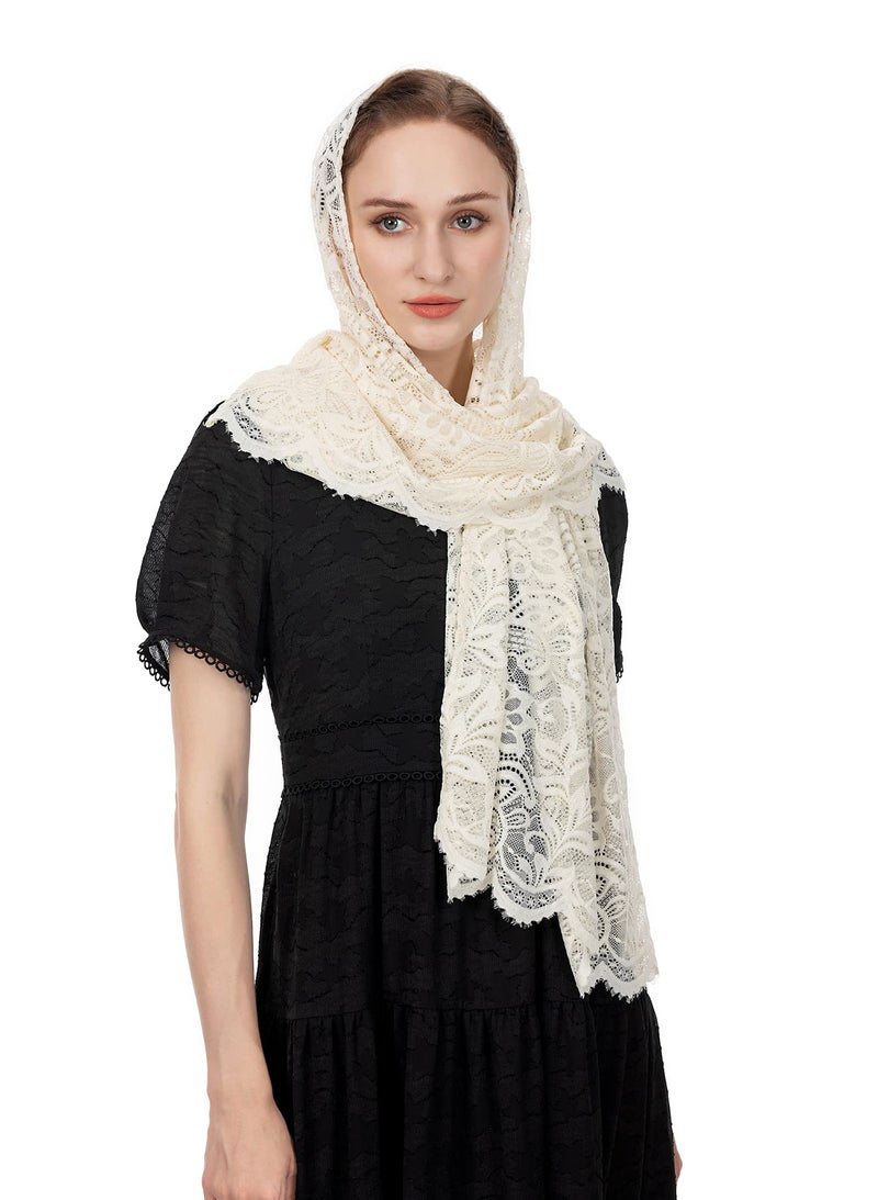 Wgior Rectangular Chapel Veil Scarf Catholic Church Veils Mantilla Wrap Shawl Mass Head Covering (Ivory) - Image 1