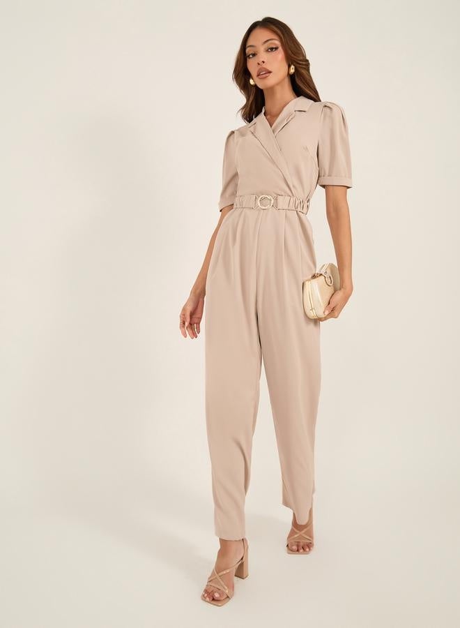 Styli Lapel Collar Straight Leg Jumpsuit with Elasticated Belt  - Image 2