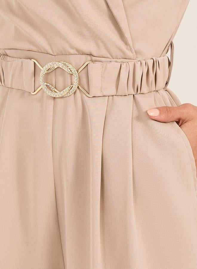 Styli Lapel Collar Straight Leg Jumpsuit with Elasticated Belt  - Image 5