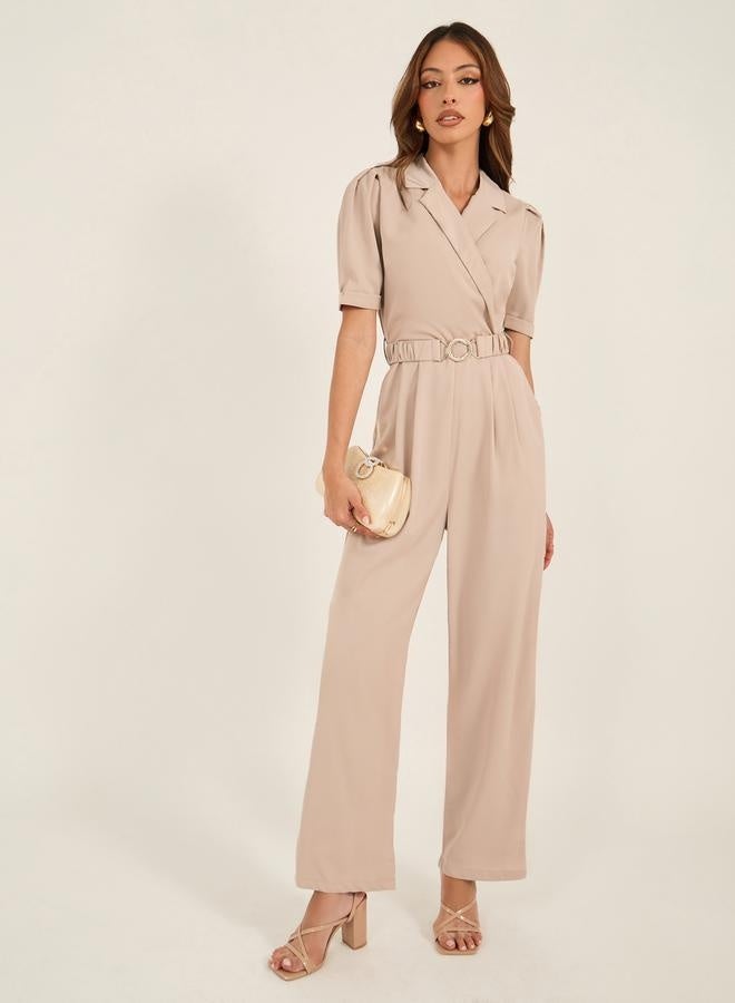 Styli Lapel Collar Straight Leg Jumpsuit with Elasticated Belt  - Image 1