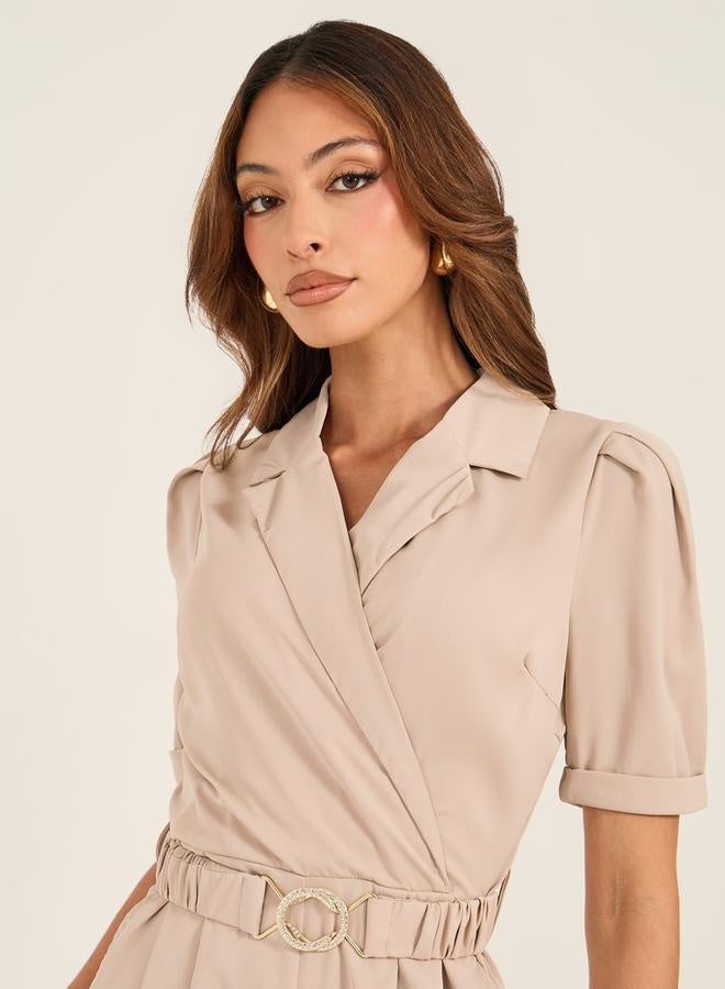 Styli Lapel Collar Straight Leg Jumpsuit with Elasticated Belt  - Image 4
