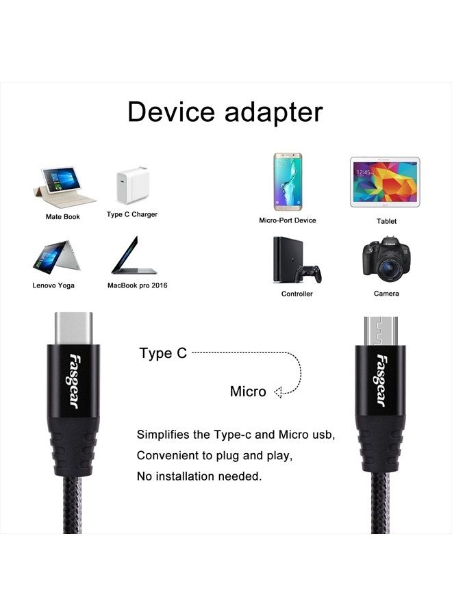 Fasgear USB C to Micro USB Cable 1m Nylon Braided Type C to Micro USB Cord Compatible with Galaxy S7/S6, HTC One/10 and More (Black, 3ft) - Image 2