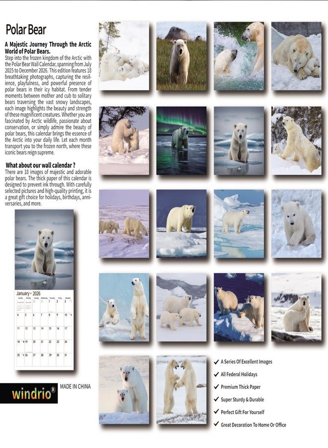 windrio 2026 Wall Calendar, Calendar 2026, July 2025 - December 2026, Wall Calendar Polar Bear, 12" x 24" Opened,Full Page Months Thick & Sturdy Paper for Calendar Organizing & Planning - Image 2