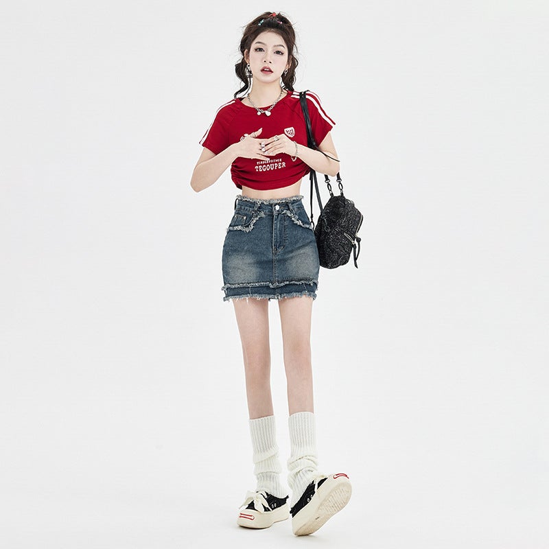 Spice Girls American Style Retro Denim Skirt Women'S 2023 High Waist Raw Hip Skirt A- Line Trendy Short Skirt - Image 2