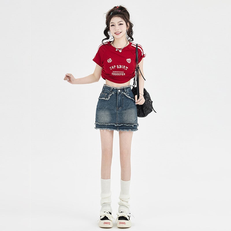 Spice Girls American Style Retro Denim Skirt Women'S 2023 High Waist Raw Hip Skirt A- Line Trendy Short Skirt - Image 5