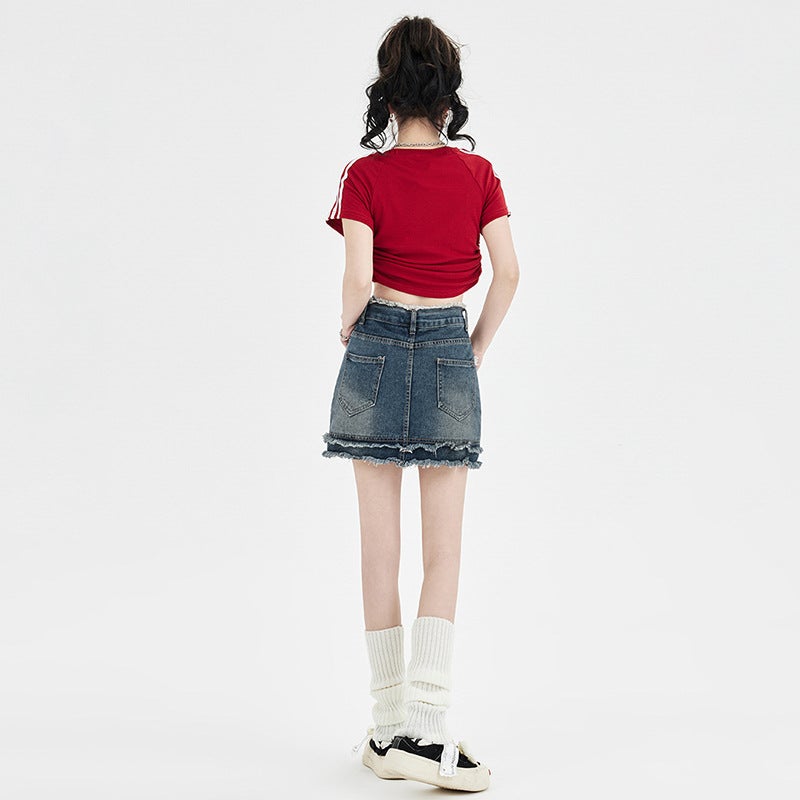 Spice Girls American Style Retro Denim Skirt Women'S 2023 High Waist Raw Hip Skirt A- Line Trendy Short Skirt - Image 4