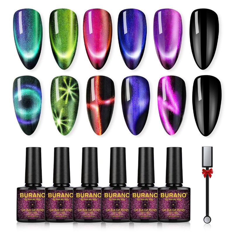 BURANO Cat Eye Gel Polish Set 9D Holorgraphic Translucent UV Gel with Magnet, 6 Colors Pink Nude Purple Green Blue Cat Magnetic Eye GelPolish DIY Home (Kit03) - Image 1